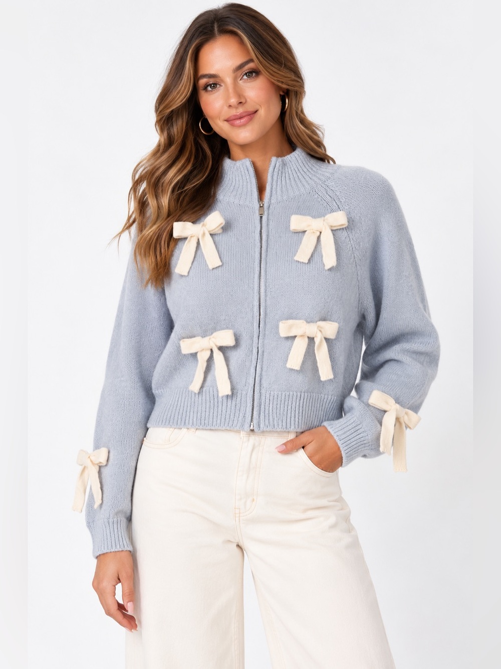 Light Blue Bow-Accent Zip Sweater Cardigan
